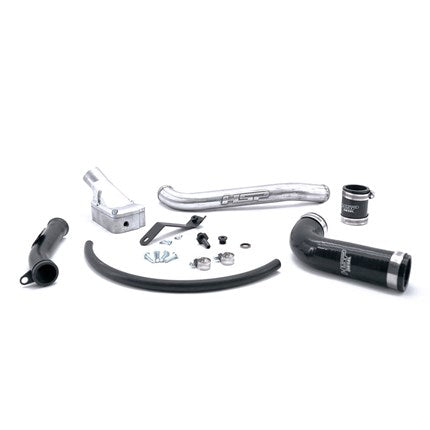 Duramax HSP forward facing thermostat housing by DP Customs, showing metallic component with mounting points and gasket detail.