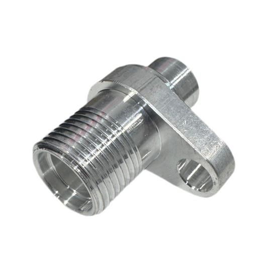 DP Customs billet AC accumulator fitting adapter, close-up view showing sleek metal finish and precise threading for automotive use