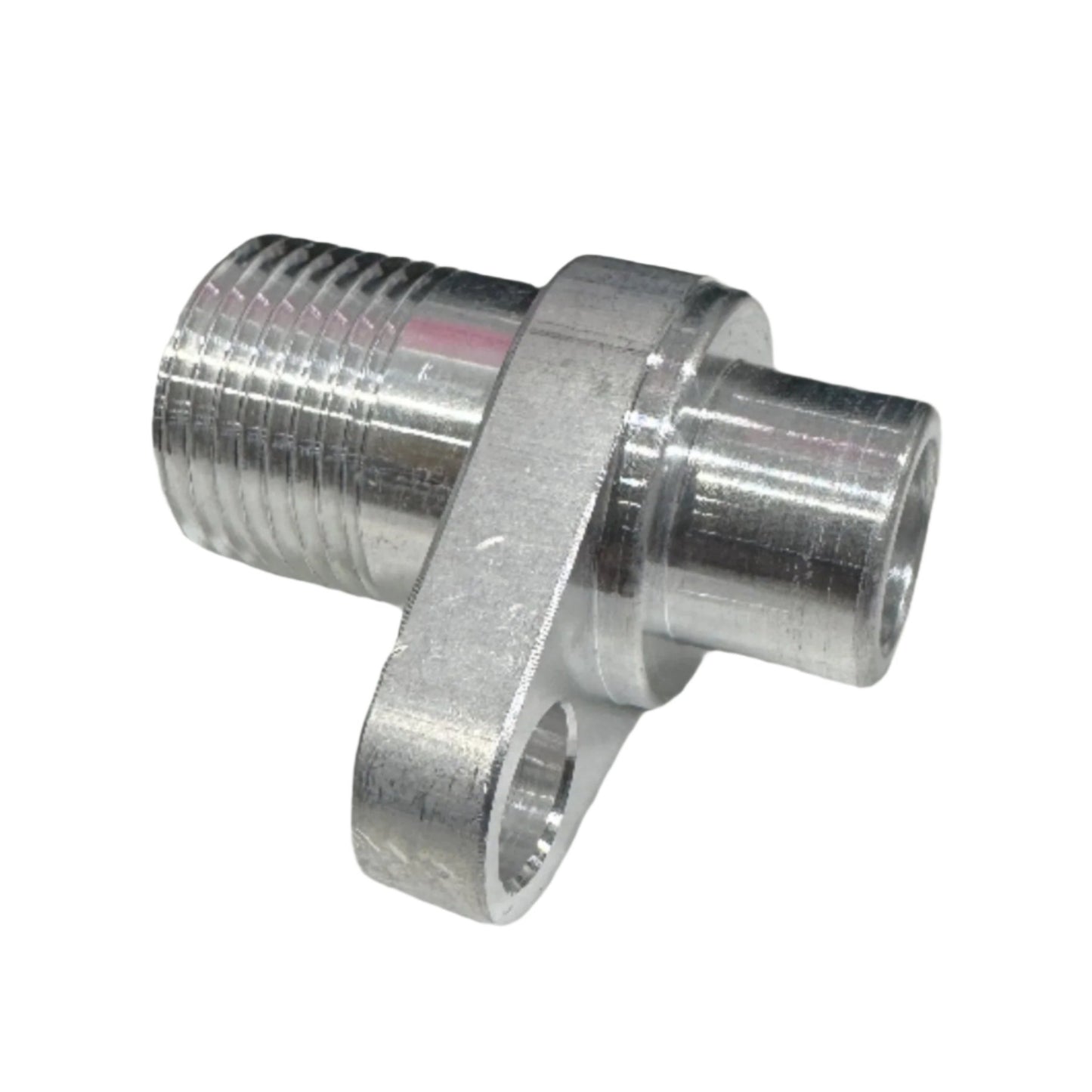 DP Customs billet AC accumulator fitting adapter, shown in close-up with detailed machining and mounting features.