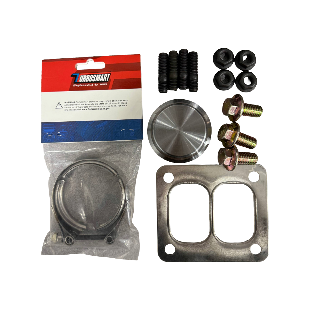 DP Customs Billet Wastegate Pedestal Pro Install Kit showing polished billet components and mounting hardware for turbo wastegate setup.