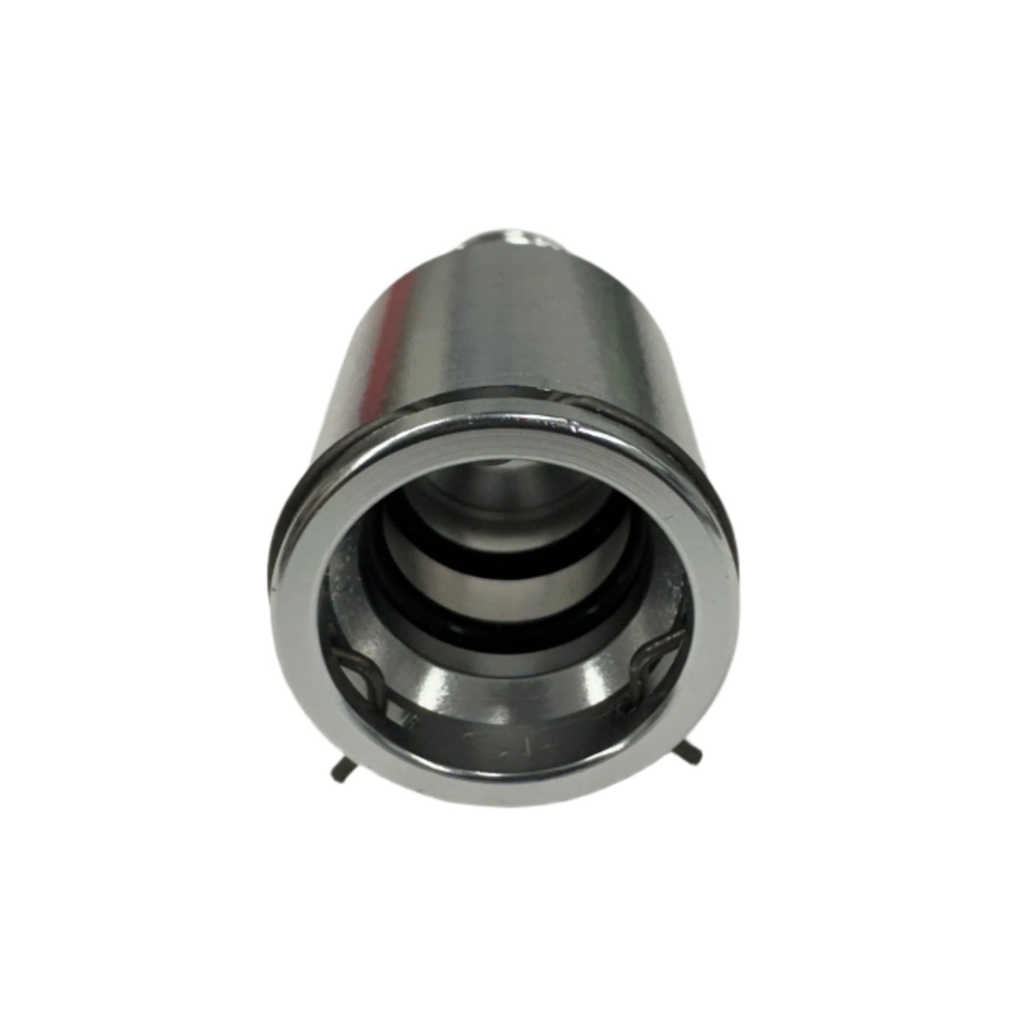 DP Customs GM 3/4 heater core fitting showing metal fitting with threaded ends for automotive heating system connection