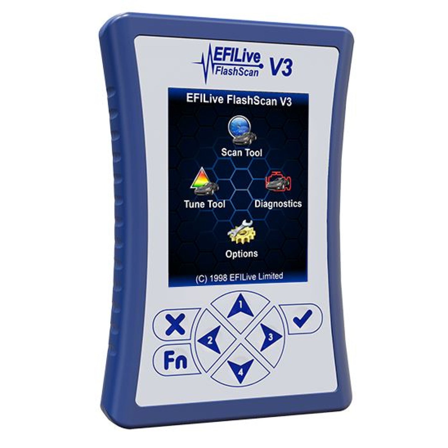 EFI Live V3 Flashscan device by DP Customs with display screen and control buttons for vehicle tuning and diagnostics.