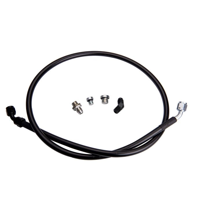 Fleece Remote Turbo Oil Feed Line Kit for 2001-2016 Duramax, featuring durable fittings and high-quality construction by DP Customs.