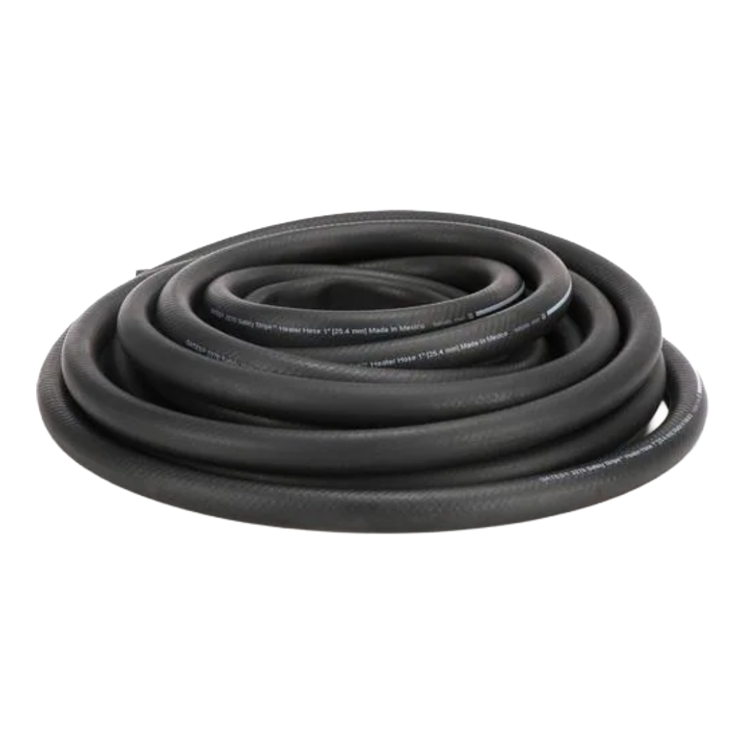ThermalPro 1-inch heater hose by DP Customs, flexible black rubber hose with metal connectors for automotive heating systems.