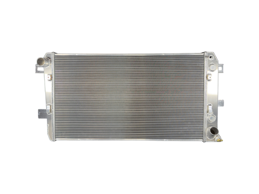 Fluidyne aluminum radiator for 2001-2019 Duramax 5-row extruded tube cooling system, shown with detailed fins and sturdy construction.