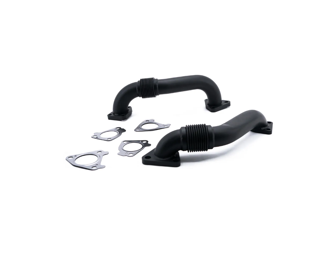 HSP Diesel 2-inch up-pipe set for 2001-2004 LB7 Duramax diesel engine, showing polished metal pipes and flanges