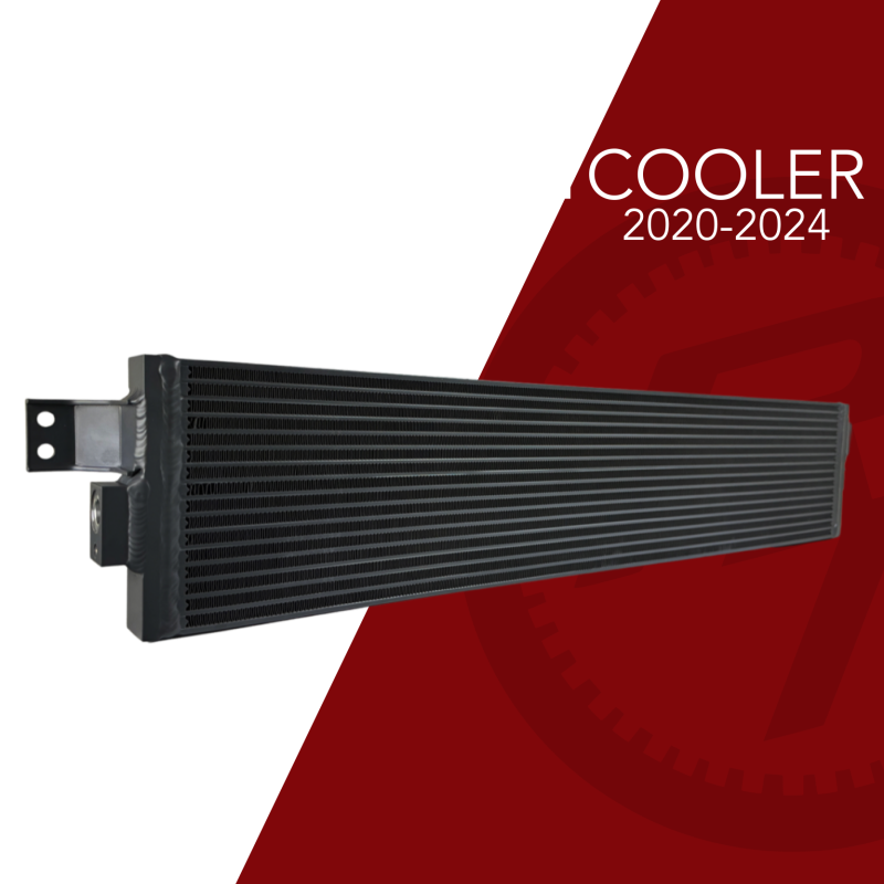 Fluidyne HD Transmission Cooler for 2001-2024 Duramax trucks by Randys Transmission, showing a durable aluminum cooler with hoses.