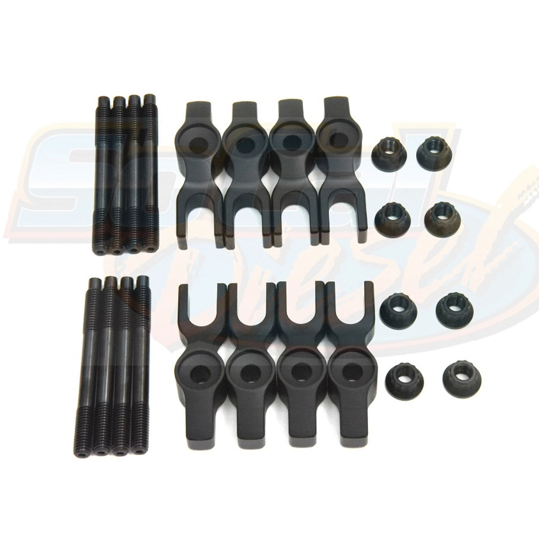 SoCal Diesel Billet Injector Clamp Kit for 2001-2016 Duramax diesel engines, includes precision-machined clamps and hardware.