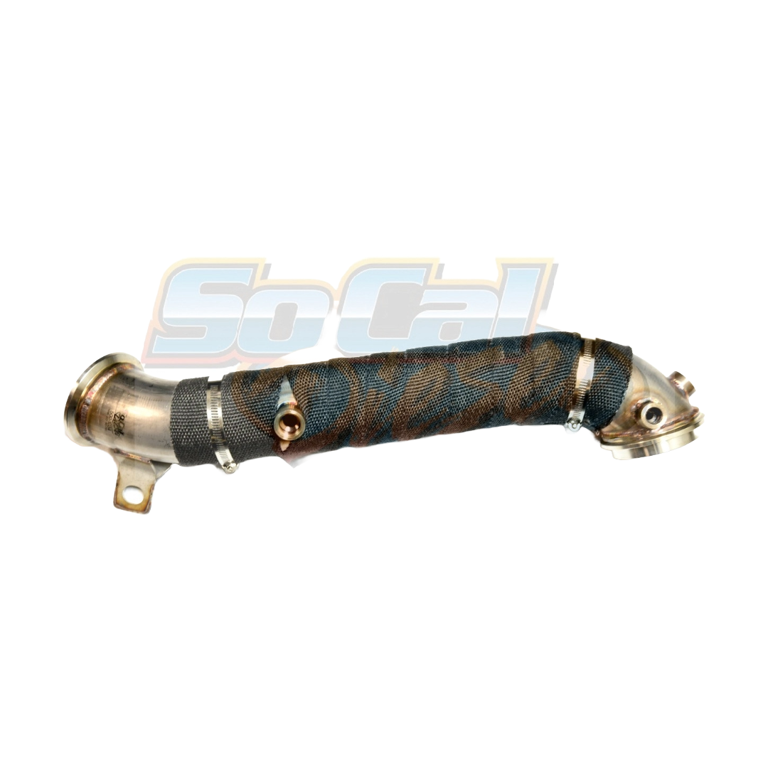 SoCal Diesel Turbo Downpipe for 2001-2016 Duramax diesel trucks, showing the metal pipe with mounting flanges and exhaust connection.