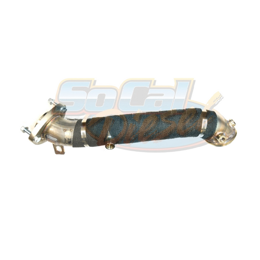 SoCal Diesel turbo downpipe for 2001-2016 Duramax diesel trucks, showing the polished metal pipe with flanges and fittings.