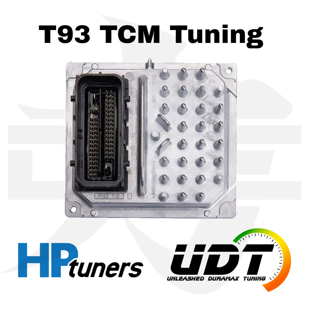 UDT 2020-2023 Duramax T93 TCM tuning module for engine control unit adjustment, shown installed on a vehicle.