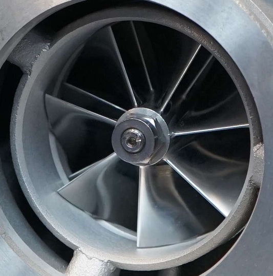 Work Turbochargers L5P 66mm VGT turbocharger with detailed turbine wheel and compressor housing for diesel engine boost.