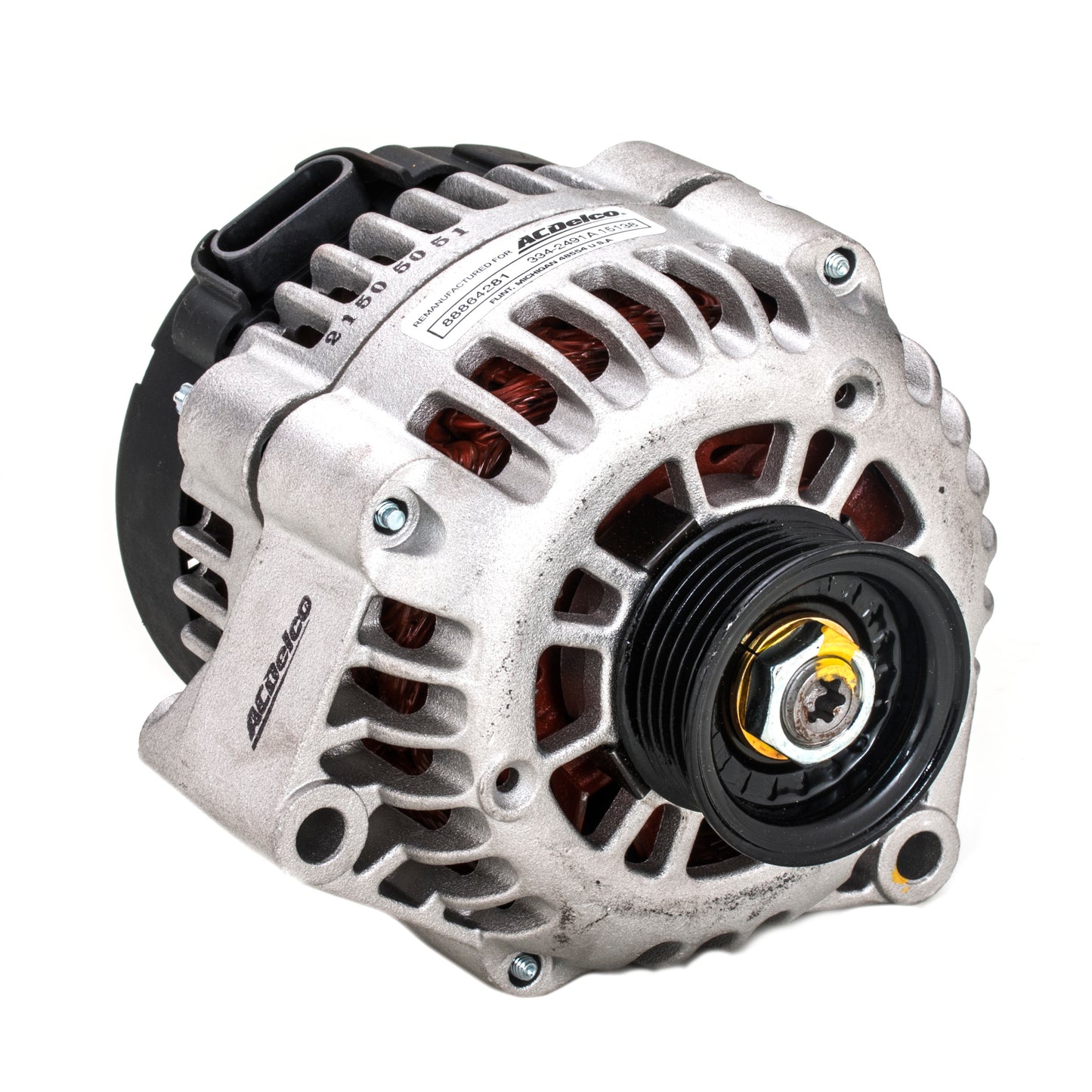 ACDELCO 105 Amp alternator for 2001-2005 Duramax diesel engines, automotive replacement part with electrical components visible
