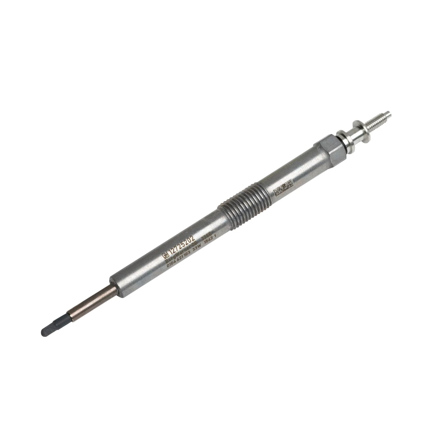 ACDELCO Duramax glow plug for 2001-2023 LB7, LLY, LBZ, LMM, LML, L5P diesel trucks, close-up of a metal glow plug part.