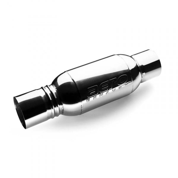 Aero Exhaust AT4040 Aero Turbine Muffler showing its sleek metal design and exhaust outlet for vehicle performance.