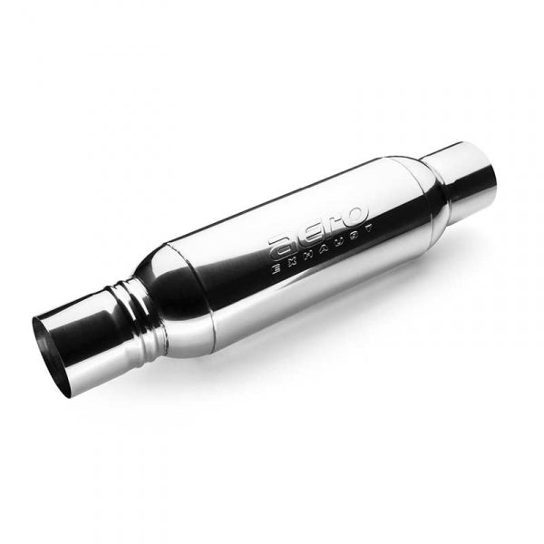 Aero Exhaust AT5050XL Aero Turbine Muffler showing its sleek stainless steel design and cylindrical shape.