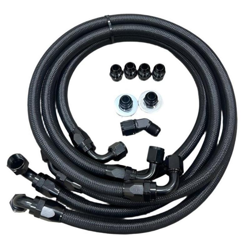 CR2 Duramax 5/8-10 AN transmission line kit with metal fittings and hoses, designed for high-performance automotive applications.