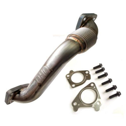 DHD LB7 Duramax passenger up pipe kit installed on a 2001-2004 truck, showing the metal up pipe component.