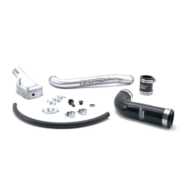 Duramax HSP forward facing thermostat housing by DP Customs, automotive engine part with mounting and connection points.