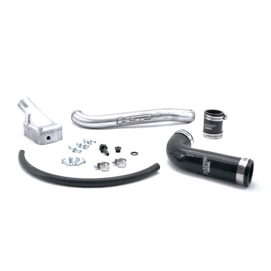 Duramax HSP forward facing thermostat housing by DP Customs, automotive engine part with mounting and connection points.