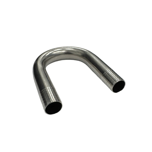 DP Customs 1/2 U Barb fuel filter delete tube, automotive part, showing the metal tube with barb fittings for fuel system modification.