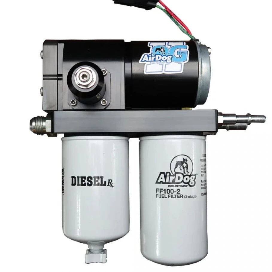Airdog II 5G Duramax lift pump by DP Customs, showing the compact fuel pump with connections and durable metal casing.