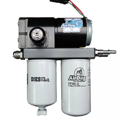 Airdog II 5G Duramax lift pump by DP Customs, showing the compact fuel pump with connections and durable metal casing.