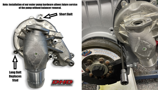 DP Customs DHD High Performance LB7 & LLY Duramax Water Pump with high RPM design, shown in detailed view.