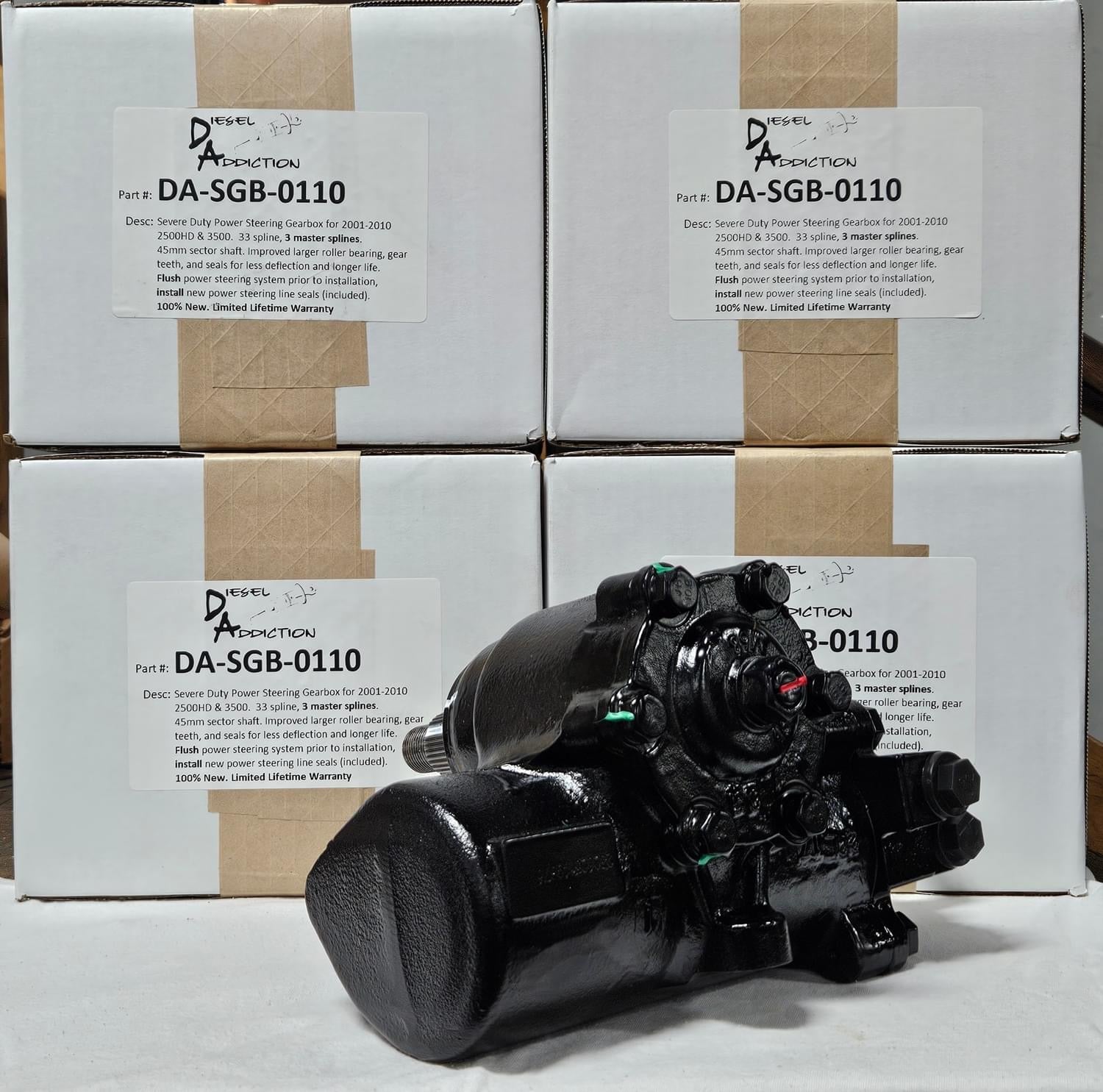 Diesel Addiction steering gear box for GM 2001-2010 2500/3500 trucks, branded by DP Customs, shown in the image.