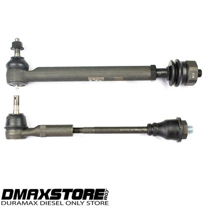 DP Customs DMAX Store XD Tie Rods, close-up of black metal automotive tie rods with detailed threading and branding.