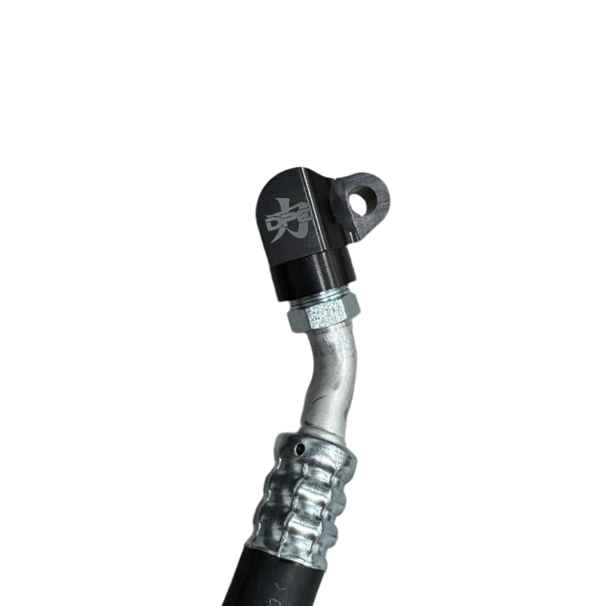 DP Customs 03-07 Duramax front route AC suction line, black metal pipe with fittings, designed for vehicle cooling system.