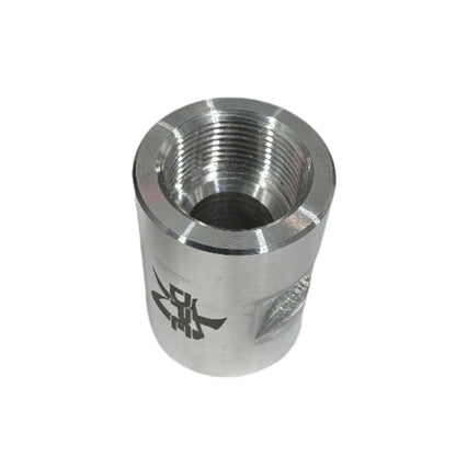 DP Customs #10 AC billet coupler fitting shown in close-up, featuring polished metal surface and precise machining details.