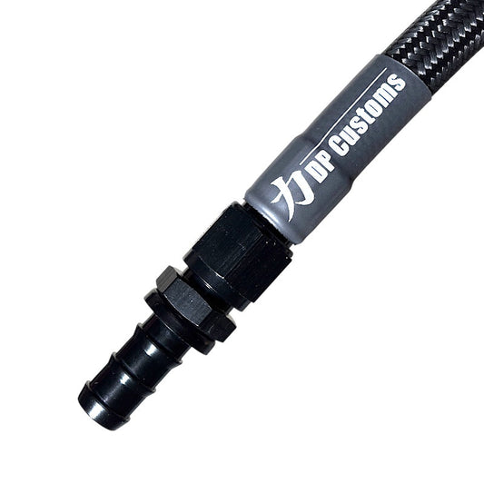 DP Customs -10AN L5P Duramax coolant heater hose kit with black hoses and fittings, designed for Duramax diesel engines.
