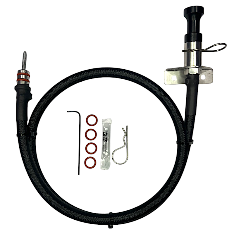 DP Customs locking flexible dipstick for 2001-2016 Duramax engine, with a sturdy metal handle and flexible tube for accurate oil level checks.