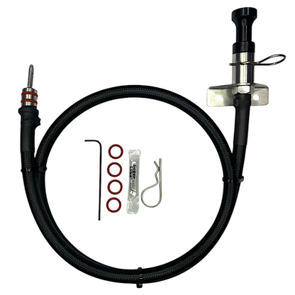 DP Customs locking flexible dipstick for 2001-2016 Duramax engine, with a sturdy metal handle and flexible tube for accurate oil level checks.