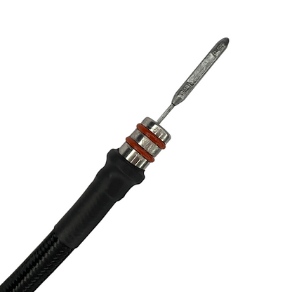 DP Customs 2001-2016 Duramax locking flexible dipstick showing a black metal dipstick with locking mechanism for engine oil level check
