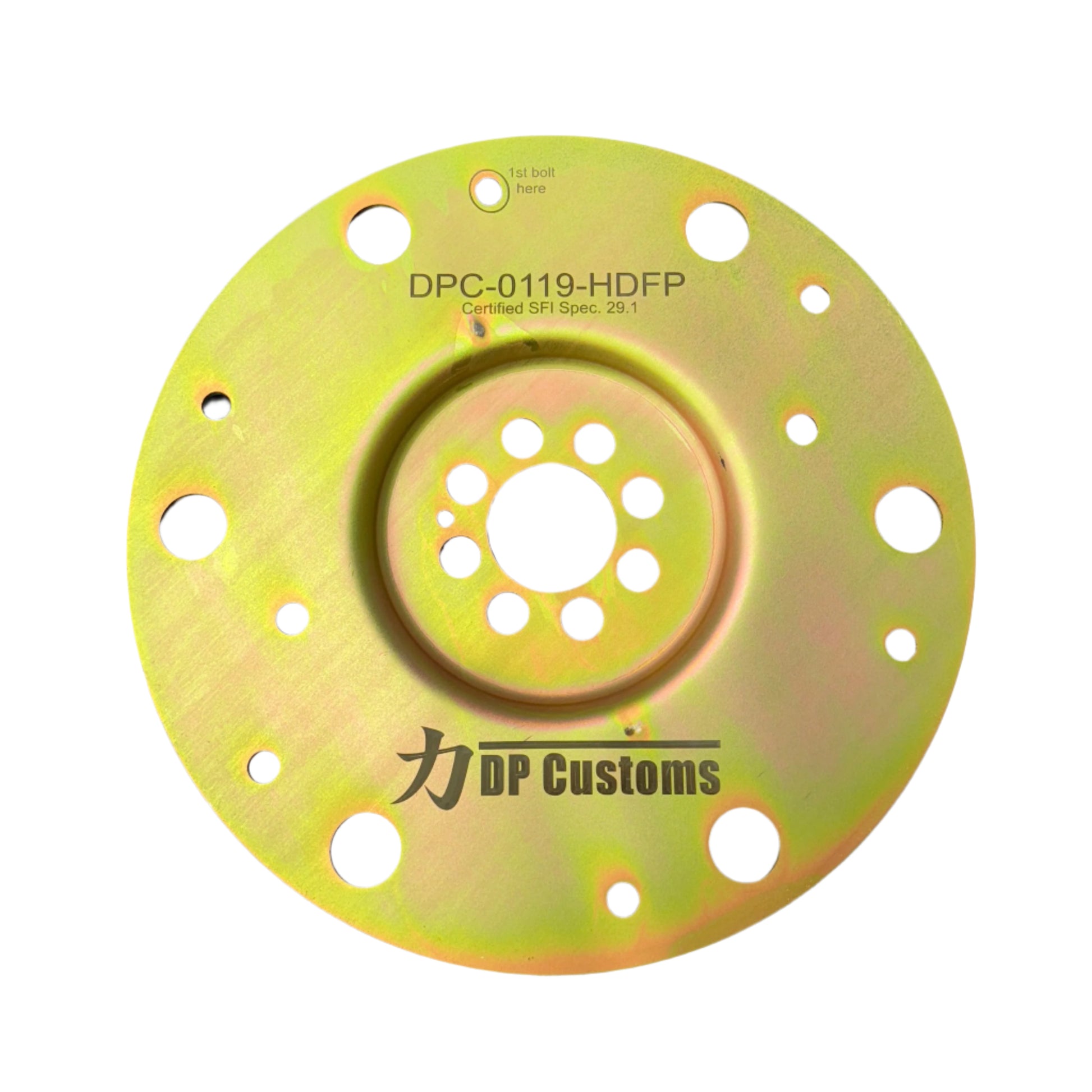 DP Customs 2001-2019 Duramax HD Flexplate, automotive component with metallic finish and mounting holes, for Duramax diesel trucks