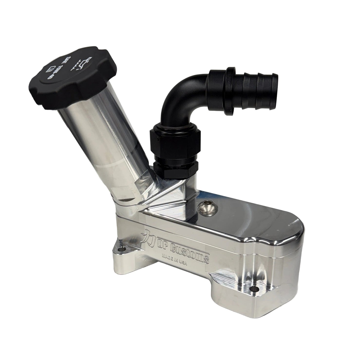 DP Customs 2017-2026 Duramax L5P billet CCV system with metal components and fittings, designed for improved engine performance.
