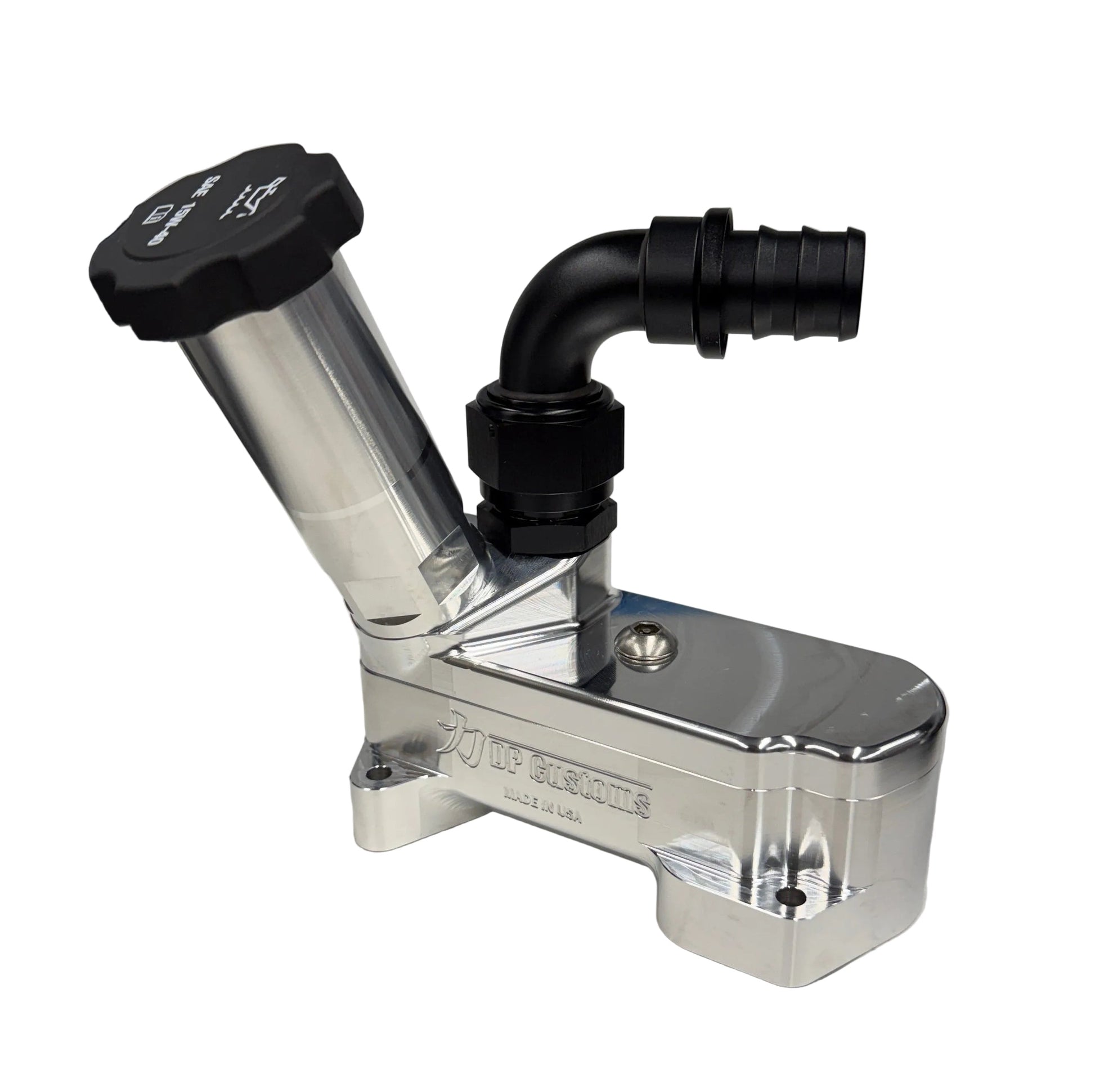 DP Customs 2017-2026 Duramax L5P billet CCV system with metal components and fittings, designed for improved engine performance.