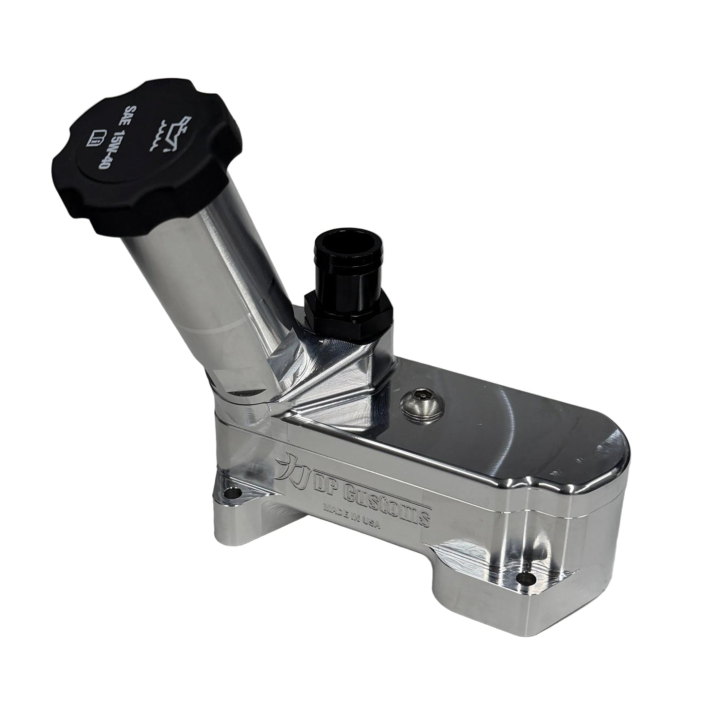 DP Customs 2017-2026 Duramax L5P billet CCV system, close-up view showing high-quality metal construction and detailed fittings.