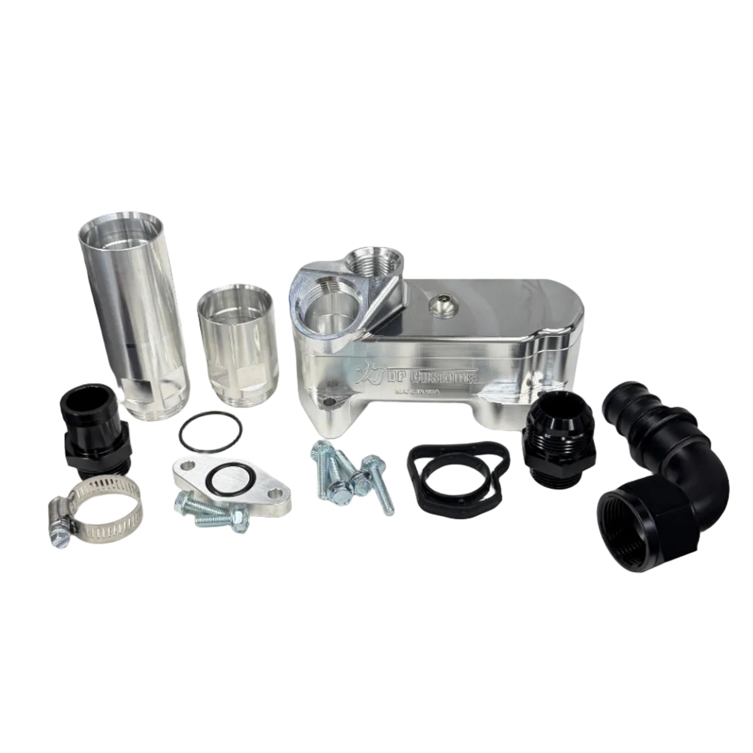 DP Customs 2017-2026 Duramax L5P Billet CCV System showing polished metal components and fittings.