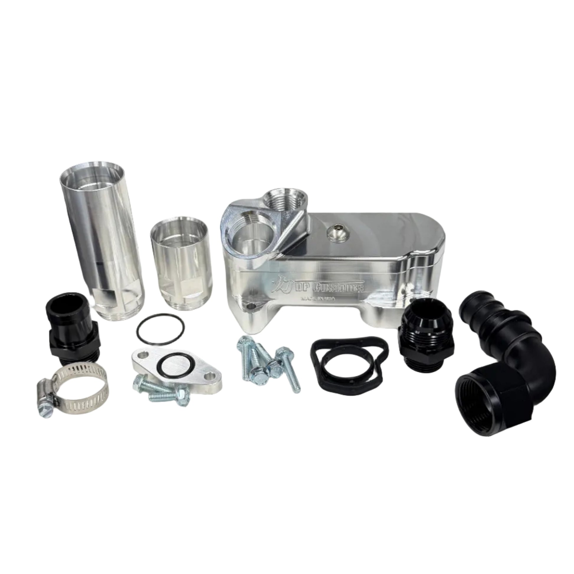 DP Customs 2017-2026 Duramax L5P Billet CCV System showing polished metal components and fittings.