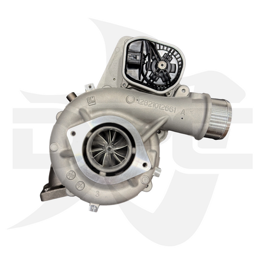 DP Customs 24+ L5P Duramax 61MM EVO X turbocharger component showing polished metal and detailed branding