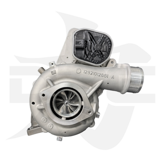 DP Customs 24+ L5P Duramax 63.5mm EVO X2 turbocharger component on a white background with visible branding and detailed parts.