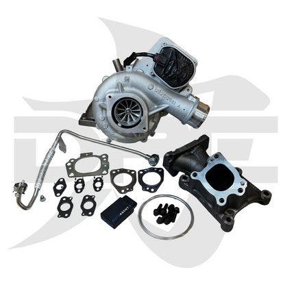 DP Customs 24+ L5P Duramax Evolution Series Turbo Retrofit Kit showing turbo components and installation parts.