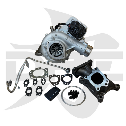 DP Customs 24+ L5P Duramax Evolution Series Turbo Retrofit Kit showing turbo components and installation parts.