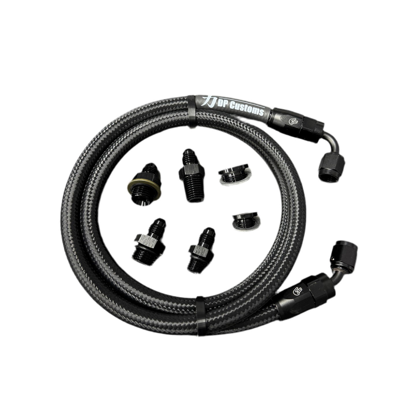 DP Customs S300 S400 turbo oil feed line, high-quality metal fitting with flexible braided hose, designed for turbocharger oil delivery.