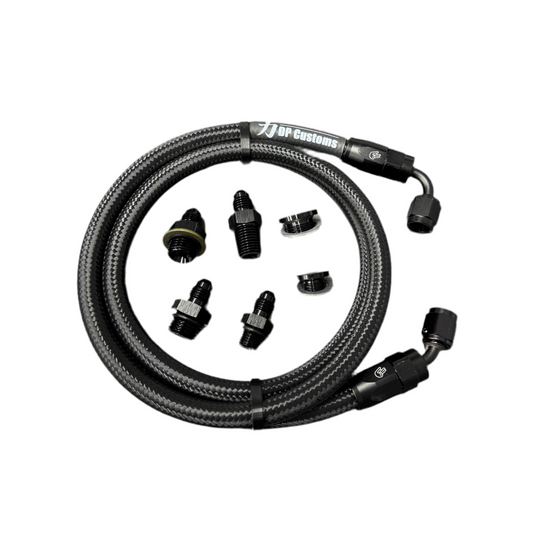 DP Customs S300 S400 turbo oil feed line, high-quality metal fitting with flexible braided hose, designed for turbocharger oil delivery.