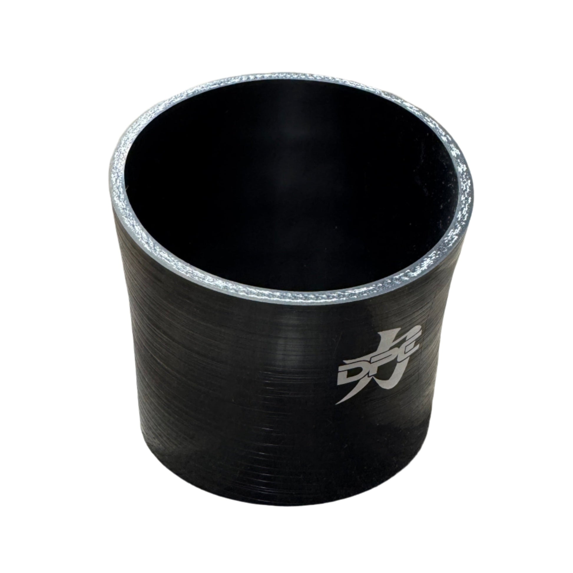 DP Customs 5-inch 22-degree intake boot, black rubber automotive intake component with molded contours and branding details.