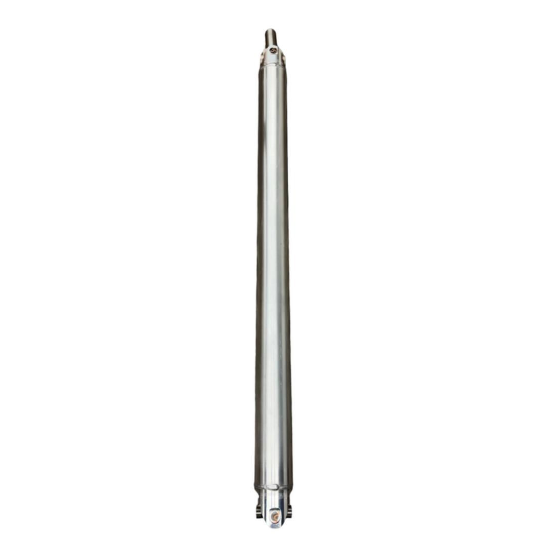 DP Customs 5-inch billet yoke driveshaft showing polished metal construction and precise machining details.